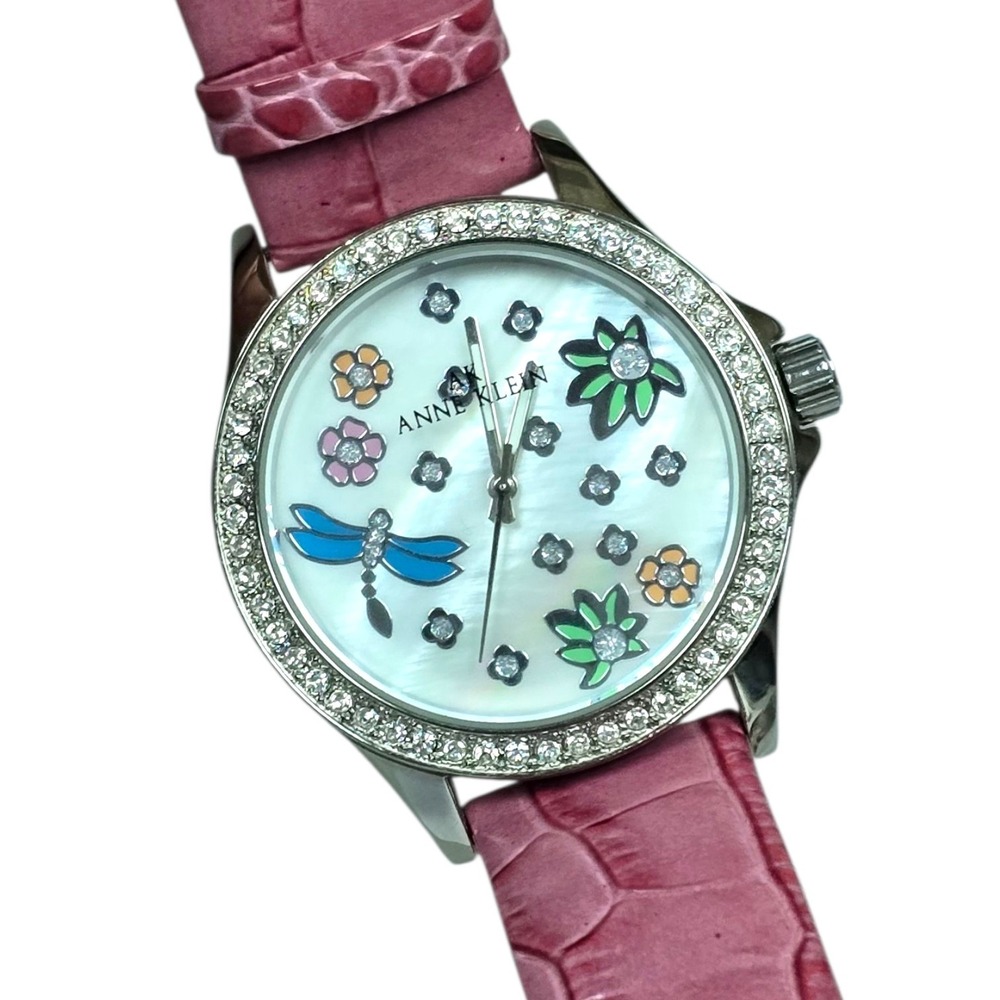 Anne Klein Women Watch 10/8859 Silver Pink Leather Dragonfly Flower Crystal MOP
